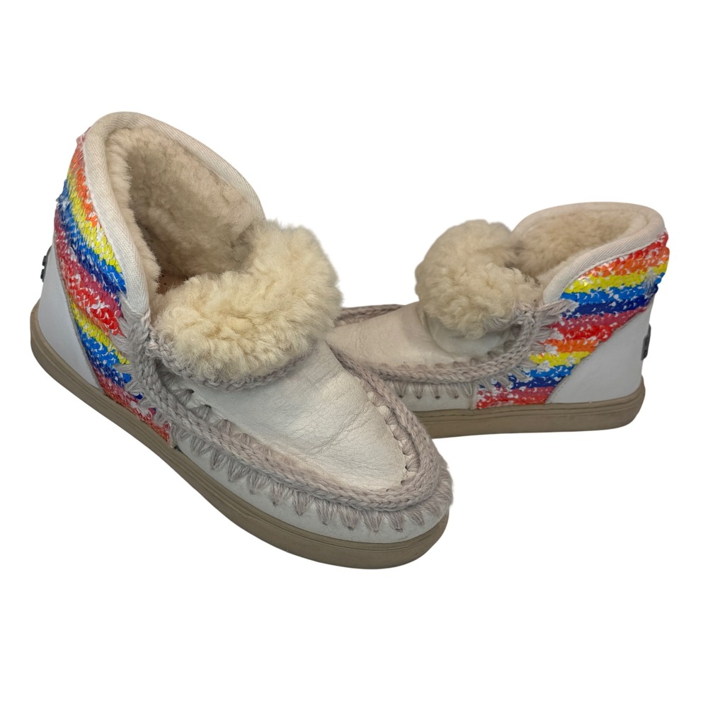 Mou Pride Sneaker Rainbow Sequin Shearling Leather Boots‎ 7 Boho Luxe Dopamine